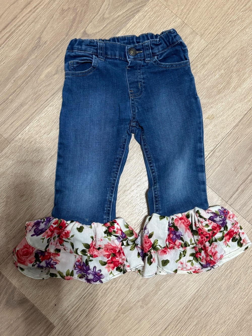 Custom Dark Blue Jeans with Floral Ruffle bell bottom